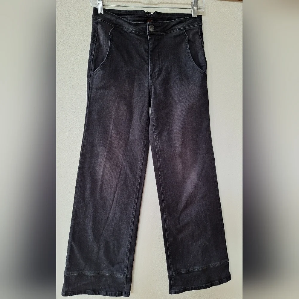 Free People Womens Wide Leg Black Washed Buckle Back Jeans Stretch Size 24